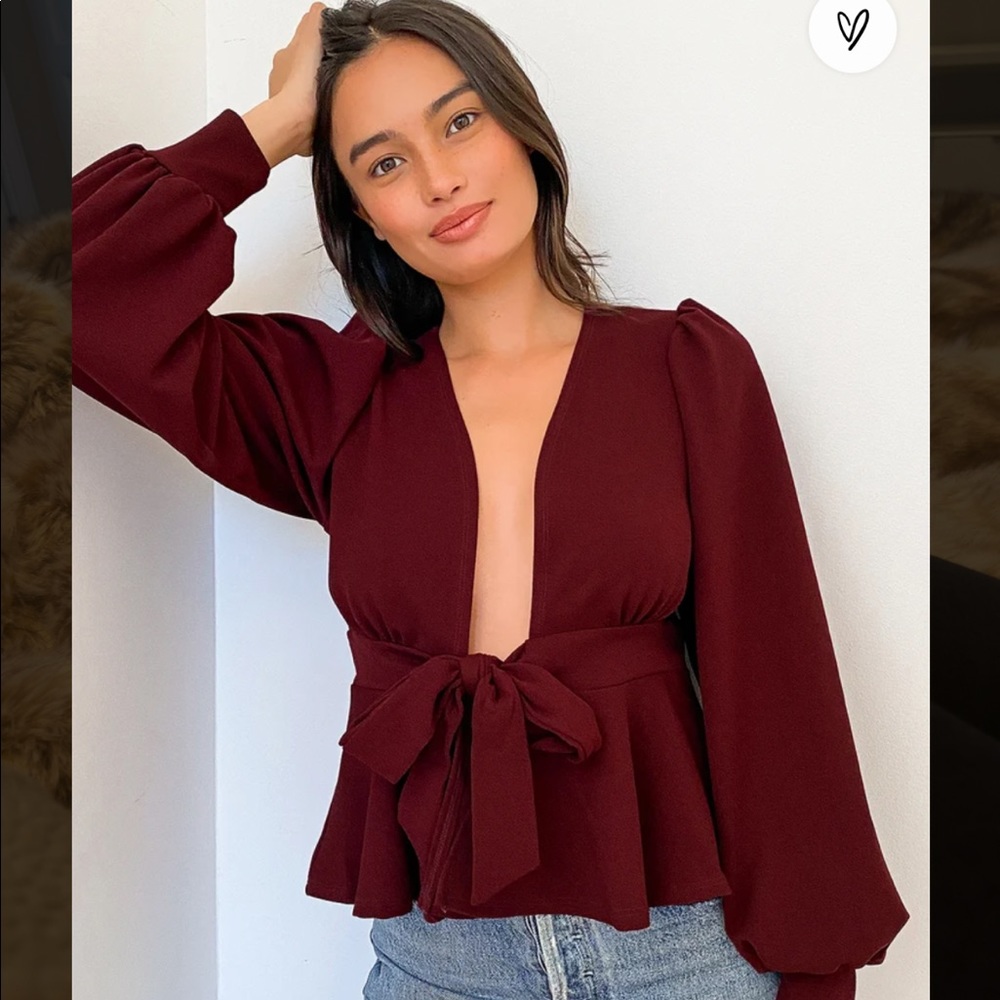 NWT Lulus Burgundy Tie-Front Long Sleeve Peplum Top